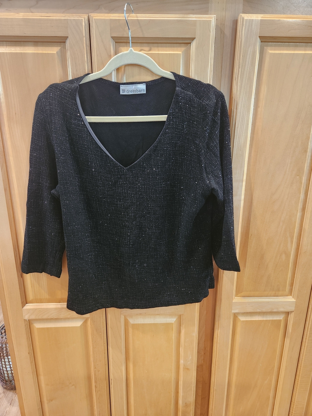 dressbarn Black V-Neck Metallic Thread Knit Top